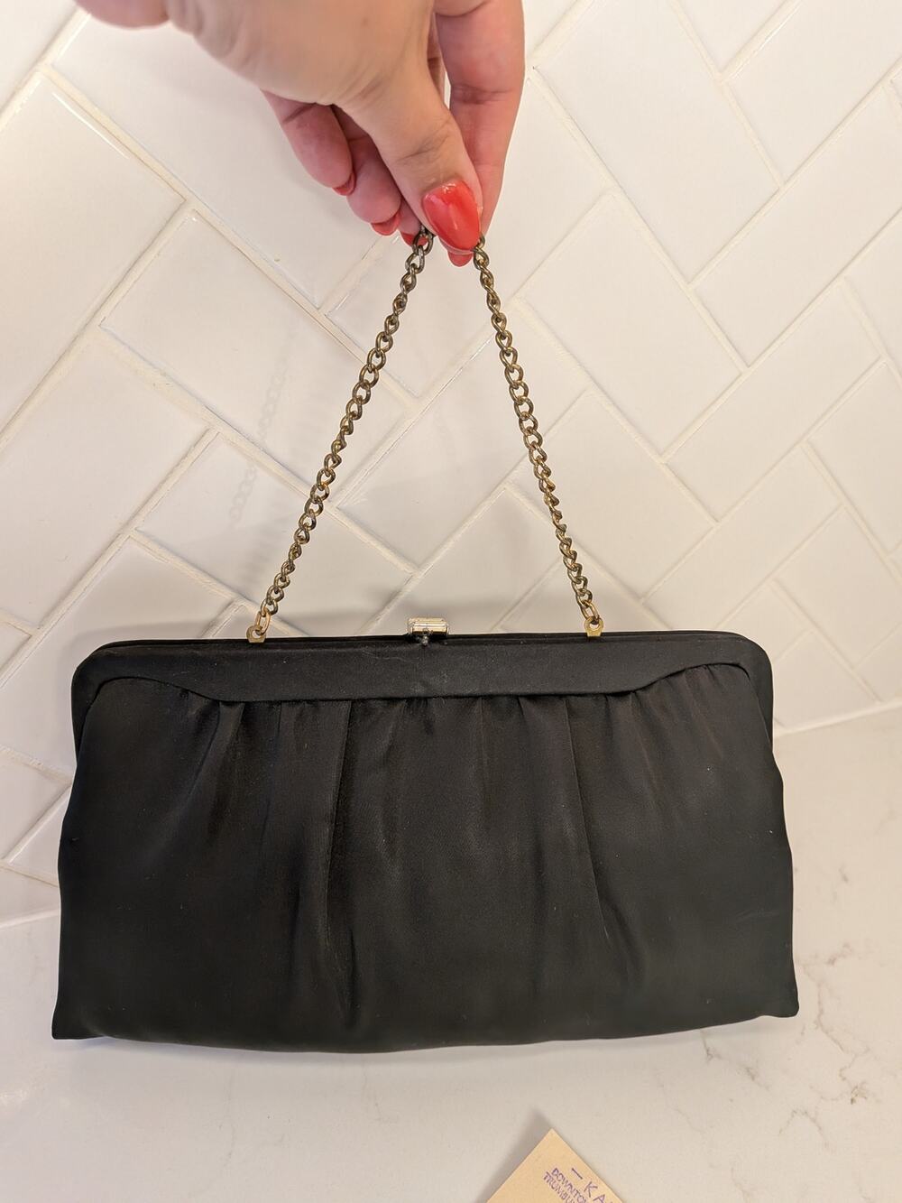 Vintage NWOT Black Satin Evening Clutch with Gold Old Hollywood Glam